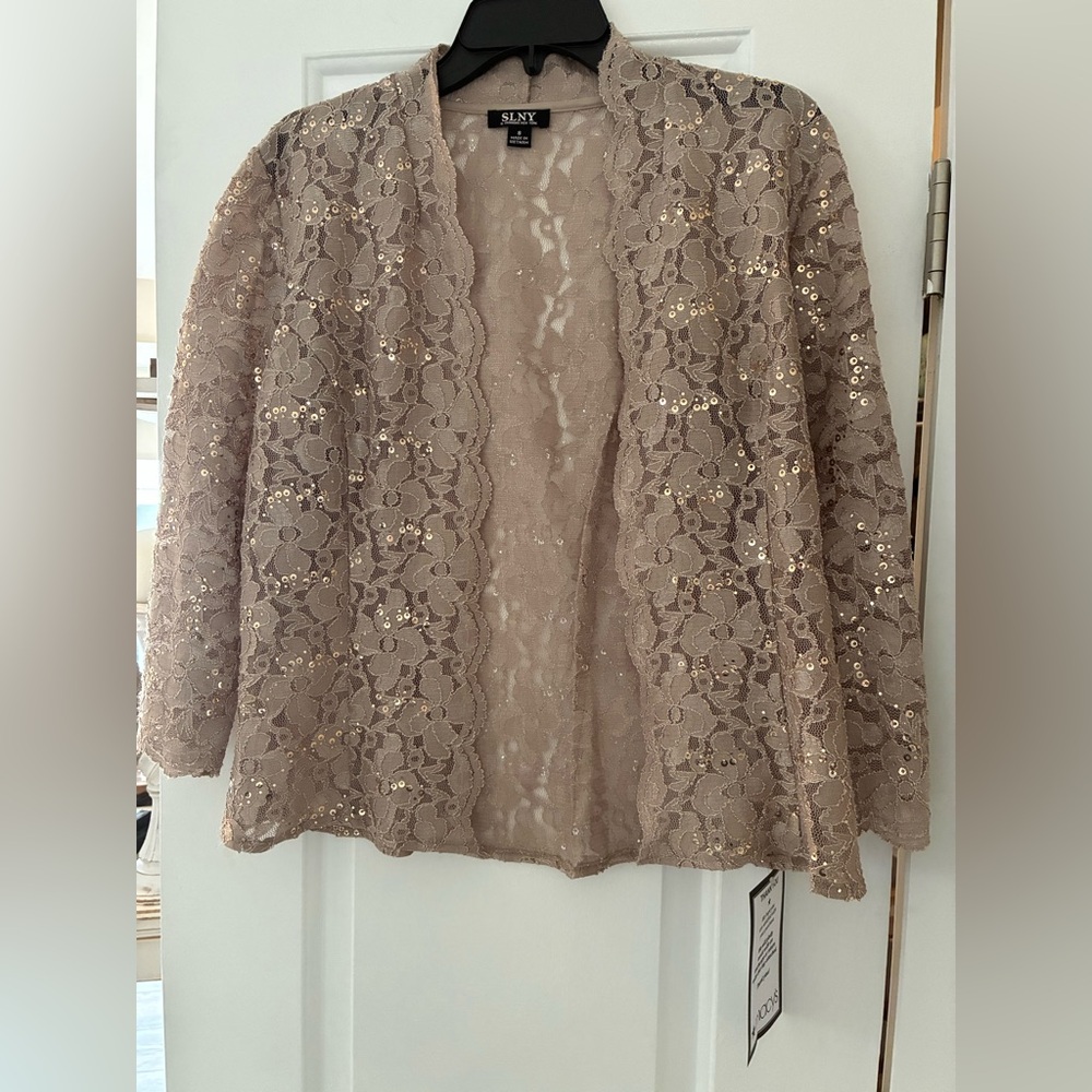 SLNY Taupe Lace Sequin Open-Front Jacket